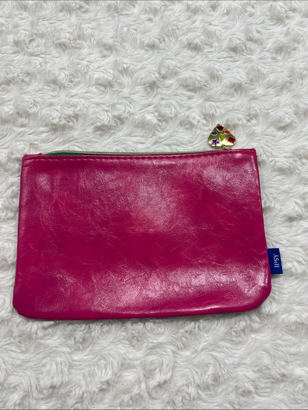 Bright Pink and Blue Cosmetic Pouch with Heart Charm Zipper Makeup Bag